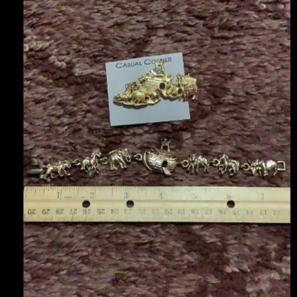 Noah’s Ark Goldtone Brooch and Bracelet Set